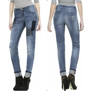 Desigual Women's DINA 67D26D1 Denim Skinny Jeans Flocked Blue Size 27